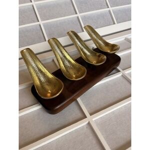 Vintage Smoking Pipe Stand For 4 Pipes. Hammered Brass On Heavy Solid Wood